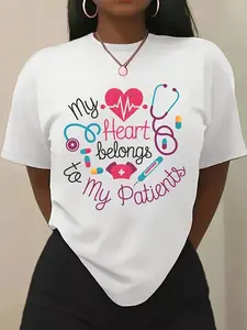 Wo "My Heart Belongs to My Patients" -Themed Graphic T-Shirt - High Elasticity Casual Short Sleeve Round Neck Tee for Nurses, Spring Summer Fall Casual Attire, Nurse Shirts, Nurse Apparel, Medicalthemed Design, Highelasticity Fabric