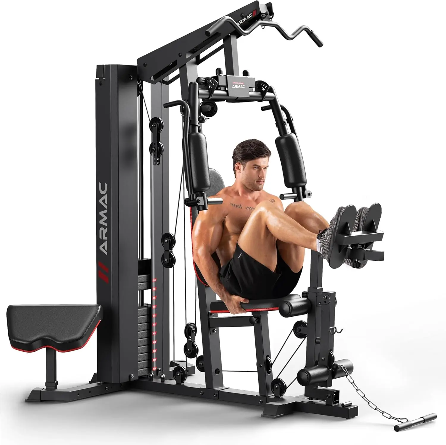 ARMAC Multifunctional Home Gym, Compact Steel Workout Station with 150LBS Weight Stack, Smooth Pulley System & Adjustable Seat for Full Body Training, Garage, Full Body Workout, Basement, Commercial Grade Durability, Home Exercise Fitness, No-Worry Custom