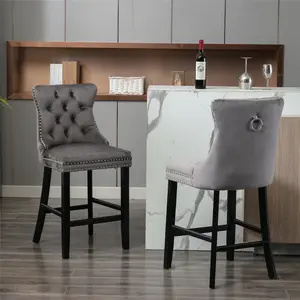 Contemporary Velvet Upholstered Barstools with Button Tufted Decoration and Wooden Legs, and Chrome Nailhead Trim, Leisure Style kitchen counter Bar Chairs,Set of 2 bar stools