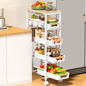 Slim Storage Cart with Pull-Out Baskets, 5-Tier Rolling Kitchen Cart with Wooden Top & Lockable Wheels, Narrow Space Utility Cart Organizer for Kitchen, Bathroom, Laundry Room, White
