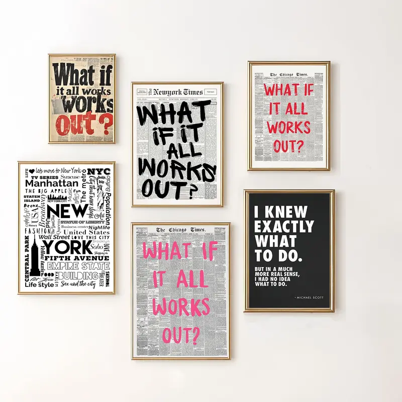 wooden frame Retro Black And White Newspaper Poster (Frame) What If It All Works Out Canvas Wall Art Positive Affirming Quote Minimalist Prints Painting For Home Bedroom Dorm Wall Black Or Gold Framed Acrylic Wall Hanging Painting Hallway Home Decor