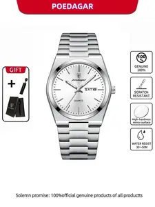 POEDAGAR Men's Luxury High End Watch Waterproof Night Light Date Week Stainless Steel Men's Watch Casual Simple Quartz Men's Watch Ideal Gift Choice Stainless Steel Wristwatch