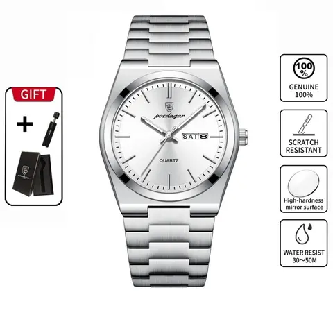 POEDAGAR Men's Luxury Watch Waterproof Night Light Date Week Stainless Steel Men's Watch Casual Simple Quartz Men's Watch Ideal Gift Choice
