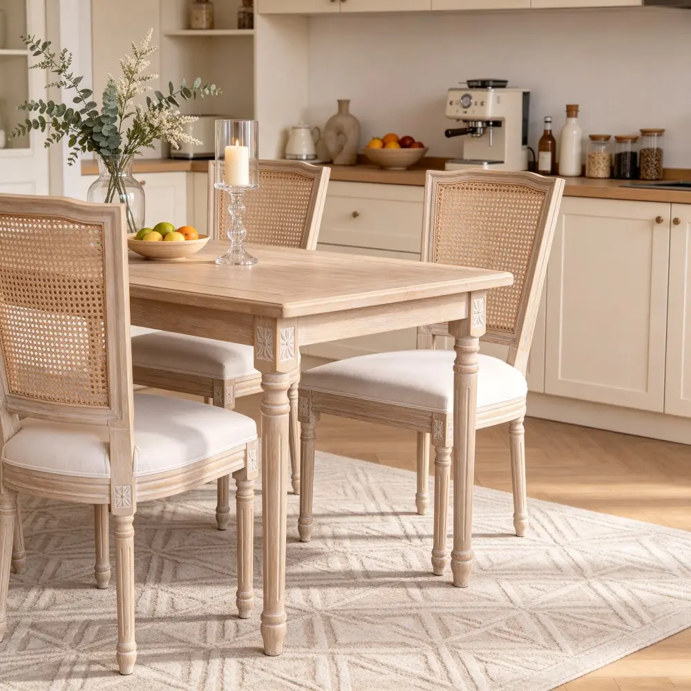 Littleox French Country Dining Chairs Set of 2, Upholstered  Chairs with  Rattan T-shaped Back, Wire drawing and carving techniques ,Disassemblable ,  for Living Room, Kitchen , Restaurant Use, Beige