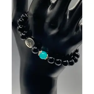 Sagittarius Zodiac black obsidian with aquamarine chalcedony semi precious stone/crystal elastic beaded bracelet