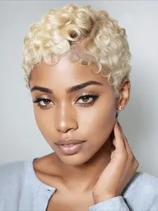 Pixie Cut Curly Wave Human Hair Wig for Women Color Wig 13x4 Transparent Lace Frontal Human Hair Wig 180% Density 6 Inch