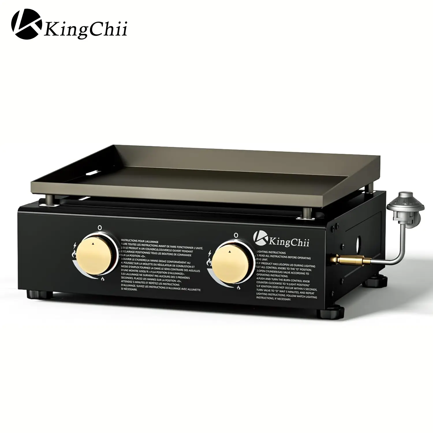 KingChii 19-Inch Steel Tabletop Gas Griddle - 2-Burner Portable Non-Stick Flat Top Grill with Rear Grease Trap, Propane Barbecue for Camping, Tailgating, Outdoor Cooking Equipment, Black