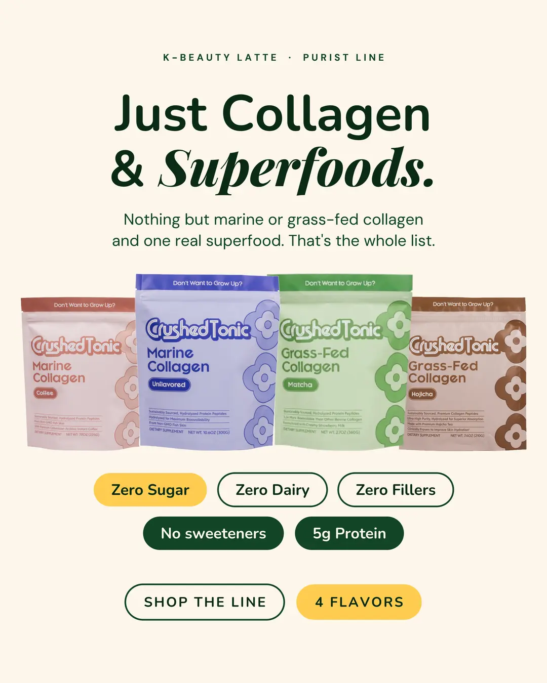 Crushed Tonic Collagen - Pure Unflavored – Hydrolyzed Collagen Peptides for Skin, Hair & Nails - Marine & Grass-Fed Bovine - Flavorless, Odorless, Dissolves Instantly - Gluten Free Non-GMO Halal Kosher Dietary Beauty Supplement