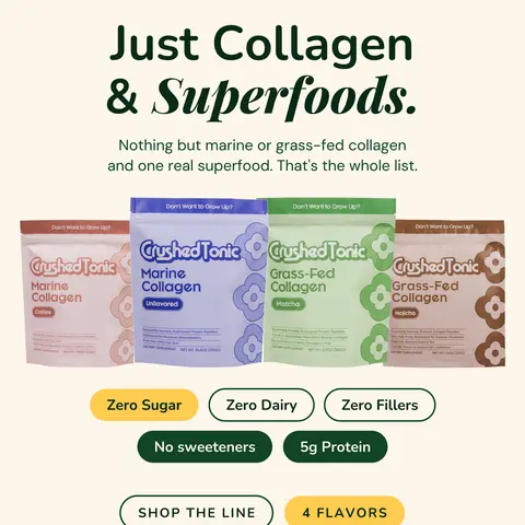 Crushed Tonic Hydrolyzed Collagen Peptides - Marine & Grass-Fed Bovine - Unflavored, Hojicha, Lucuma, Matcha, Coffee - K-Beauty Ingestible Skincare for Skin, Hair & Nails - Flavorless, Odorless, Dissolves Instantly - Gluten Free Non-GMO