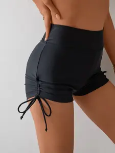 Adult Women Plain High-Waisted Conservative Side Drawstring Fashion Solid Swim Shorts, Stylish Swimwear for Comfortable Wear, Swimtrunks