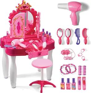 Play22 Usa Girls Vanity Table Set with Realistic Blowdryer Mirror Stool Lights Sounds 21 PCS Beauty Salon Toy Play22