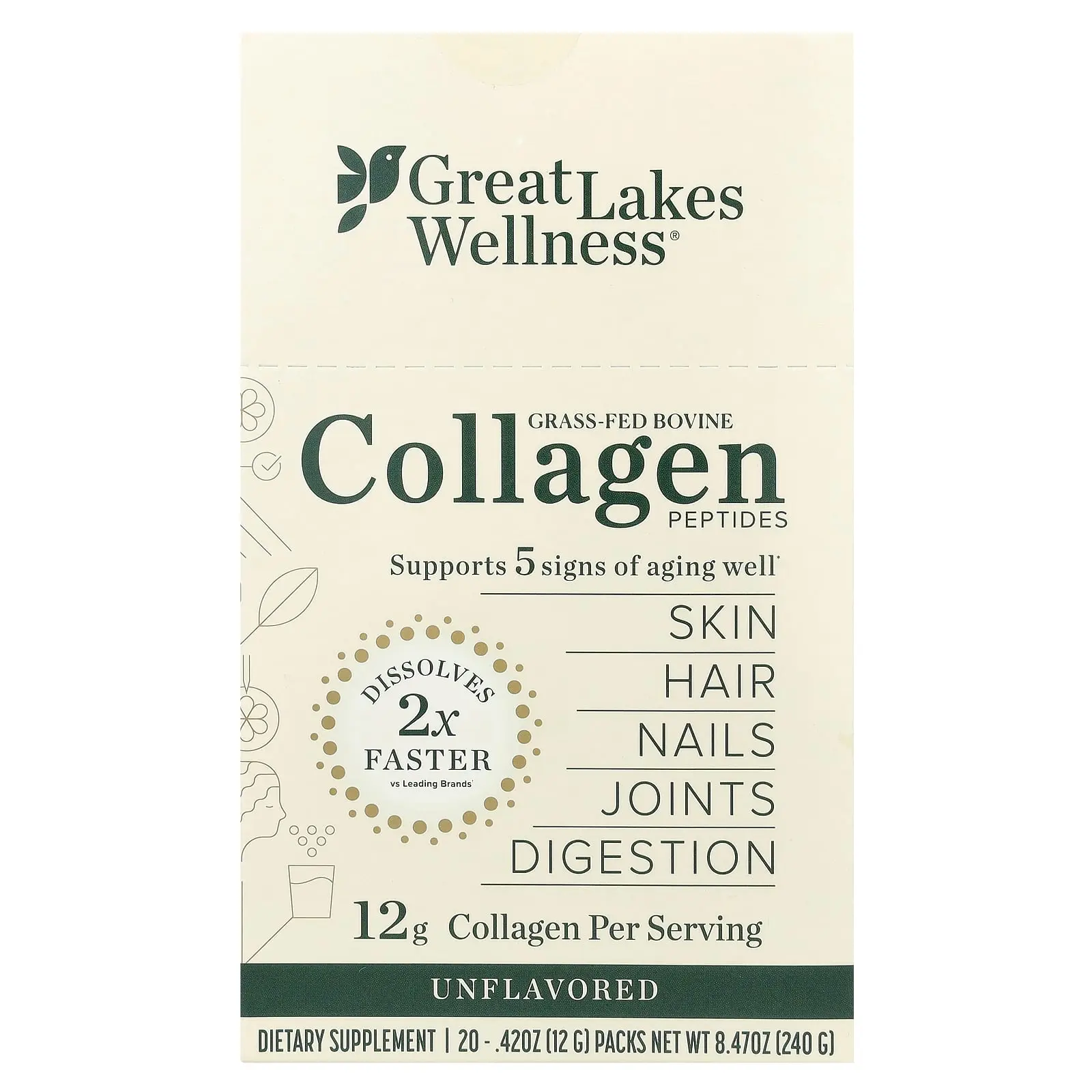 Great Lakes Wellness Grass-Fed Bovine Collagen Peptides, Unflavored, 20 Packs, 0.42 oz (12 g) Each