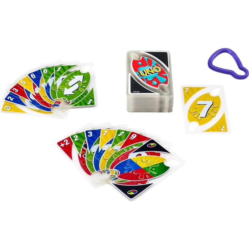 UNO Splash Card Game with Waterproof Clear Cards Portable Clip for Travel Camping and Game Nights Away Durable Plastic Cards for Anywhere Play