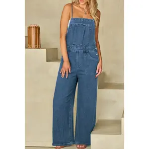 Adjustable Tie Straps Wide Leg Denim Overalls