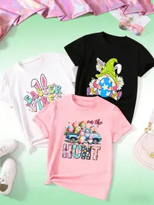 Easter Cartoon Print Girls' Casual Round Neck T-Shirt Set, Elastic Fabric, Trendy Sportswear, Funny Print Shirts, Perfect Gift, Outdoor & Indoor Activities