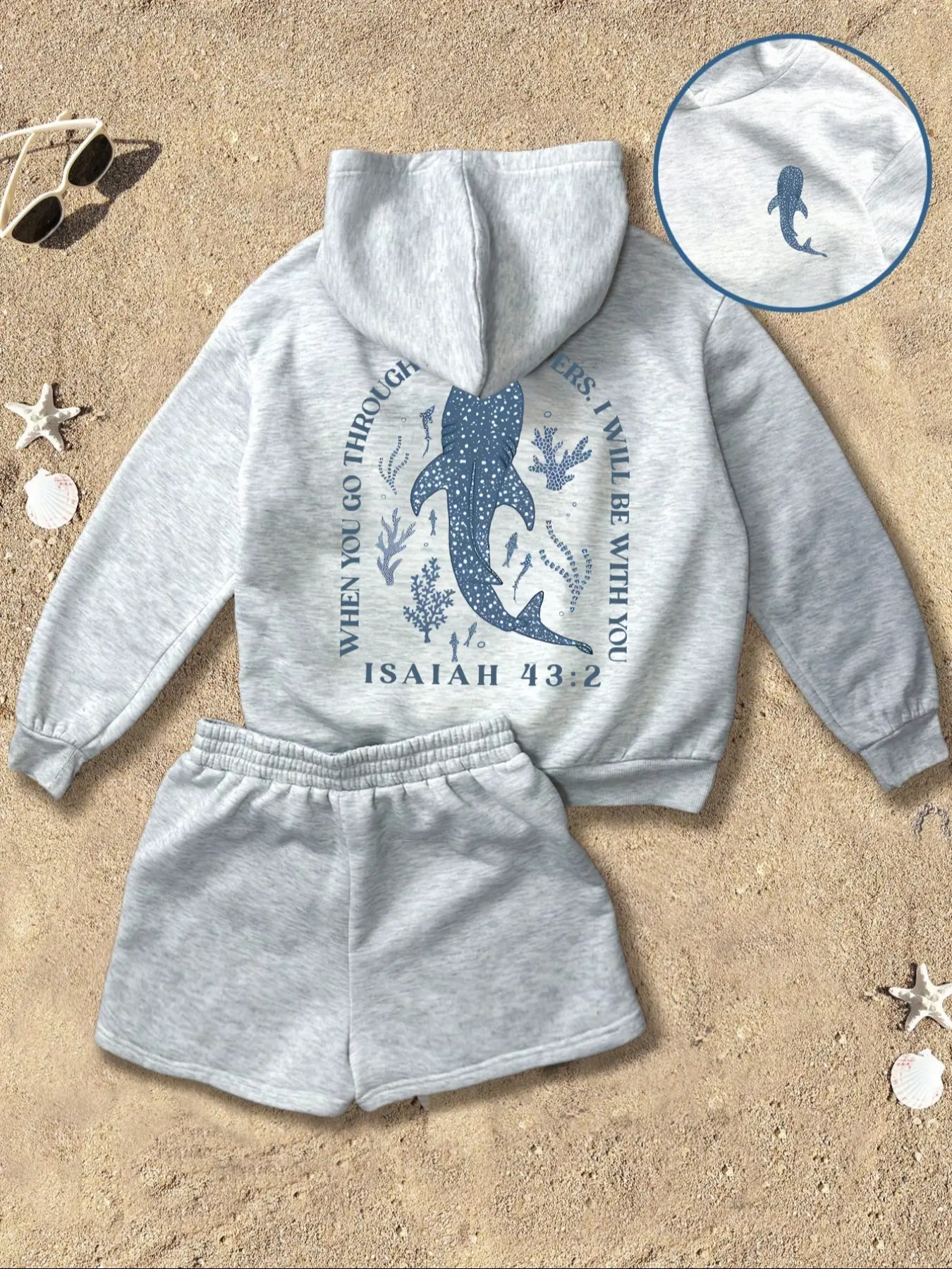 Faith and Ocean Two-Piece Hoodie and Shorts Set, Outfit, Graphic, Animal, a gray set featuring whale sharks and Isaiah 43:2, essential for daily wear and religious gatherings, suitable for playdates, Sunday school. This style includes Bible verse, Clothes