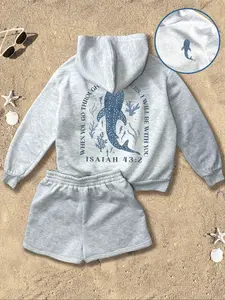 Faith and Ocean Two-Piece Hoodie and Shorts Set, Graphic, Animal, a gray set featuring whale sharks and Isaiah 43:2, essential for daily wear and religious gatherings, suitable for playdates, Sunday school. This style includes Bible verse