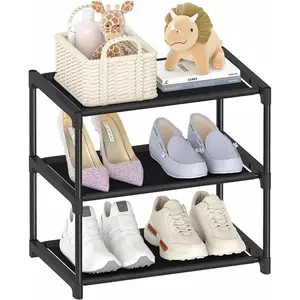 3 Tier Small Shoe Rack, Narrow Stackable Kids Toddler Adult Shoe Storage Organizer Shelf for Closet Floor Front Door Entrance Entryway, Free Standing Shoe Rack Organization Shelves Installation