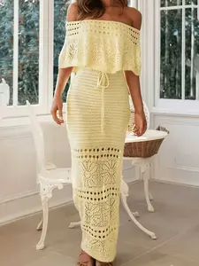 Women's Bohemian Off-Shoulder Crochet Dress, Casual Summer, Hollow-Out Bow Design, Elegant Valentine's Day Dress