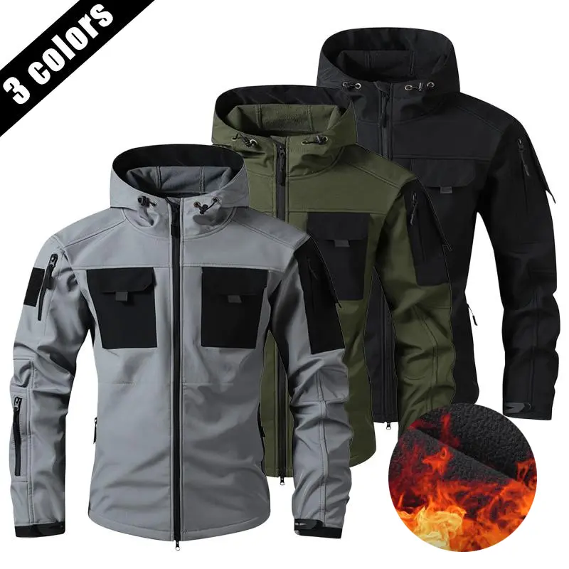 Men’s waterproof, abrasion-resistant fleece jacket; waterproof hooded long-sleeve outerwear with multiple pockets, suitable for outdoor activities and off-road motorcycle riding; long-sleeve design.