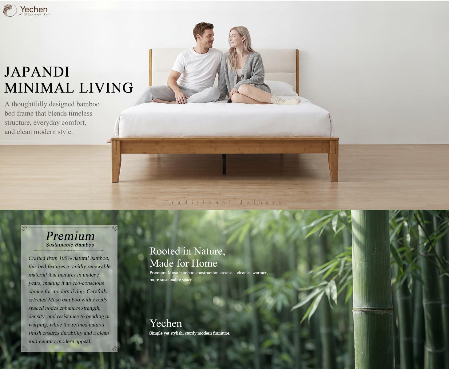Yechen Platform Bed Frame with Upholstered Headboard, Mid-Century Japanese Joinery FSC-Certified Solid Bamboo Wood Bedframe, Metal Center Support, Noise-Free, Easy Assembly, No Box Spring Needed (Queen, King) (Natural, Walnut) Yechen Platform Bed Frame with Upholstered Headboard, Mid-Century Japanese Joinery FSC-Certified Solid Bamboo Wood Bedframe, Metal Center Support, Noise-Free, Easy Assembly, No Box Spring Needed (Queen, King) (Natural, Walnut)