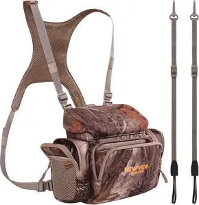 NEW VIEW CamoStealth Silent Binocular Harness Chest Pack - Quiet Hunting Bino Case, Fixed Rangefinder Pouch, Adjustable Binos Harness, Rain Cover - Size L & Leaf Camo