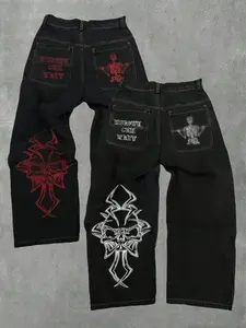 Men's Jeans, Casual Comfy Fitted Denim Pants with Skull for Daily Wear, Fashion Men's Bottoms for Spring & Fall