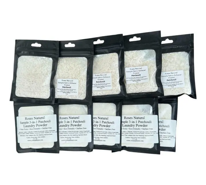 Roses Natural Sample 3-in-1 Laundry Powder & Fabric Softener Crystal Bundle - 5 Single-Use Packs Each - Eco-Friendly & Plant-Based - Patchouli & Rouge Luxe Scents