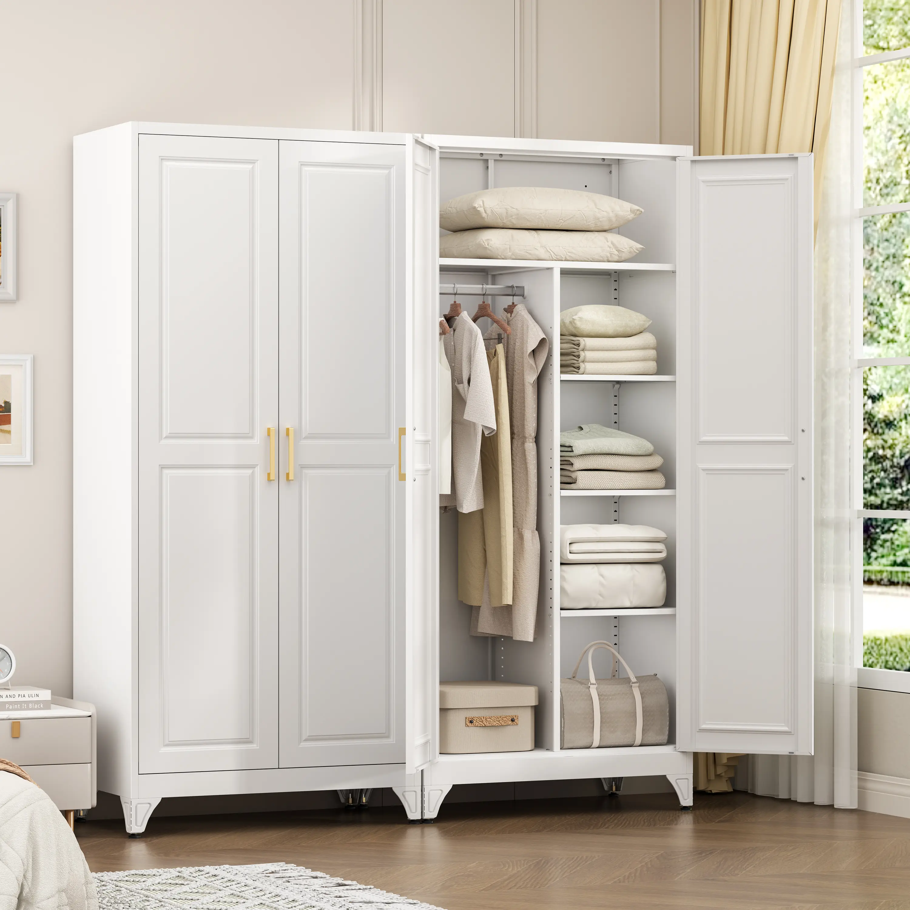 Multipurpose White Closed Storage Cupboard with Double Doors and Multiple Layers of Shelves, Practical Organizer for Sorting Clothes in Bedroom and Stationery Supplies in Home Office