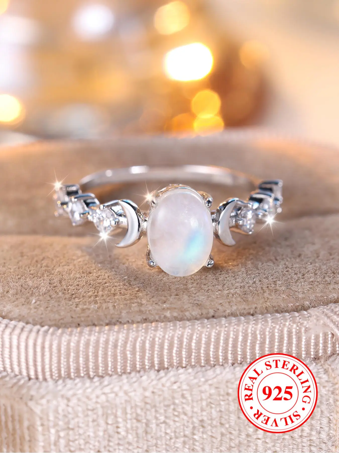 925 Sterling Silver Elegant Moon & Faux Crystal Decorated Ring, Fashion Jewelry Accessories for Women & Girls, for Party, Daily, Exquisite for Birthd