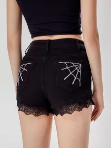 Women's Cute Black Denim Mini Shorts with Spiderweb Embroidery and Lace Trim, High Stretch Casual Style