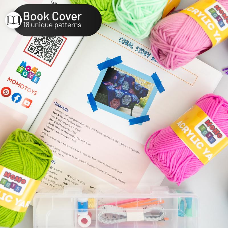 MOMOTOYS Beginner Crochet Kit w/ 130 Page Book, Crochet Yarn Set, Crochet Hook Kit & Crochet Needle Kit - Crocheting Kits for Beginners, Adults & Kids