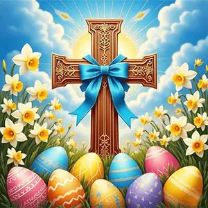 1PC 5D diamond painting  2d flat printing  Easter Diamond Painting Kit Cross with Blue Bow Daffodils Colorful Eggs Religious DIY Craft for Home Decor Easter Gift 5D Diamond Art Embroidery