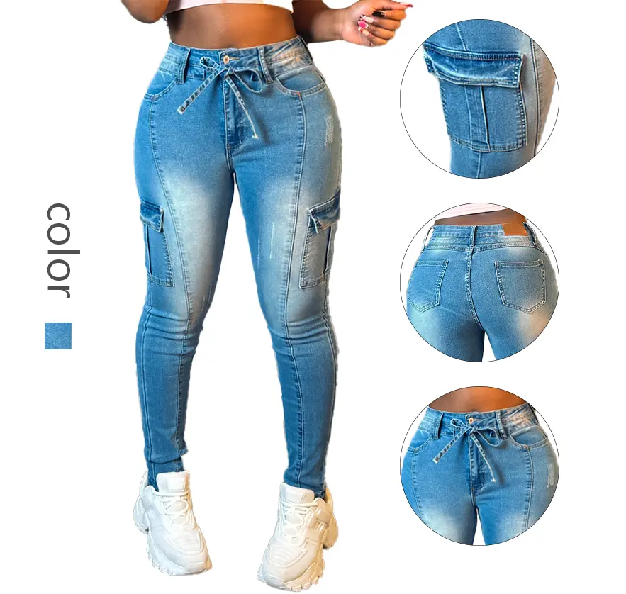 Stylish Women's High - Rise Light Blue Skinny Cargo Jeans with Drawstring - Fashion - Forward Design
