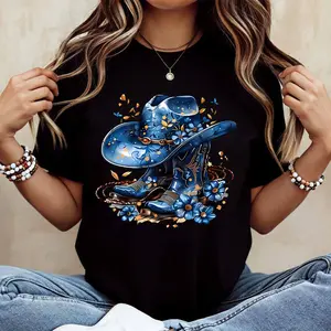 Western Style T Shirt With Blue Cowboy Hat And Boots Floral Design For Casual And Sporty Outfits