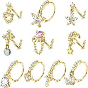 Jstyle 10 Pcs 20G Dangle Nose Rings Studs for Women 316L Stainless Steel L Shaped Nose Studs Heart Butterfly Moon Star Snowflake CZ Dangle Nose Rings Dangling Nose Piercing Jewelry Daily