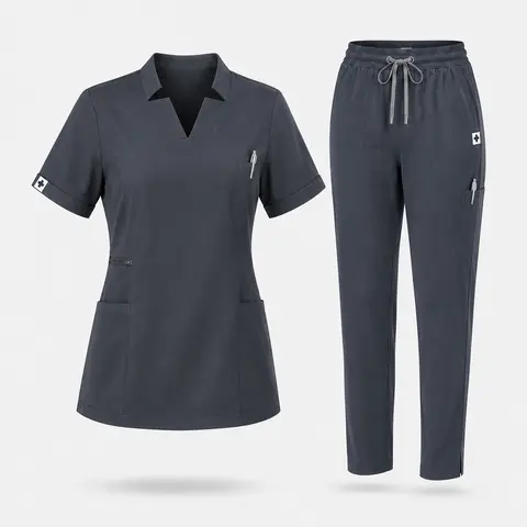 EADFLIE Women's 2-Piece Fitted Slim Scrubs Set - V-Neck Short-Sleeve Poly Blend Top, Straight-Leg 9-Pockets Soft Stretchy Workwear Uniform, All-Season Medical Clothing for Women