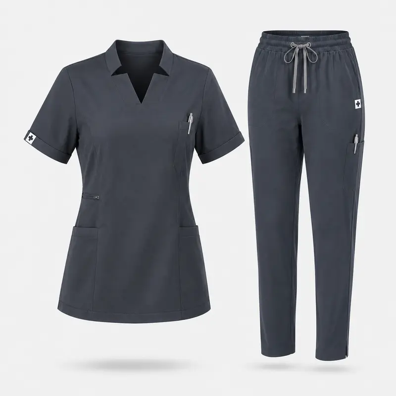 EADFLIE Women's 2-Piece Fitted Slim Scrubs Set - V-Neck Short-Sleeve Poly Blend Top, Straight-Leg 9-Pockets Soft Stretchy Workwear Uniform, All-Season Medical Clothing for Women