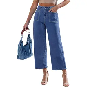 Wide Leg Jeans Woman Cropped Trendy Patch Pocket High Waisted Baggy Loose Straight Leg Stretchy Denim Pants