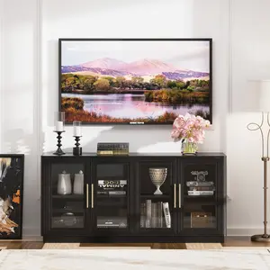 Home Buffet Storage Cabinets Modern 63“ Long Sideboard with Tempered Glass Aesthetic Design for Minimal Interior TV Furniture Living Room Organization