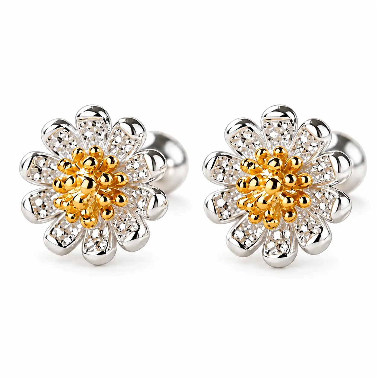 Women's 2-Tone Metallic Crystal Daisy Screw-Back Decorative Stud Earrings, Hypoallergenic Floral Jewelry for Everyday Daily Elegance