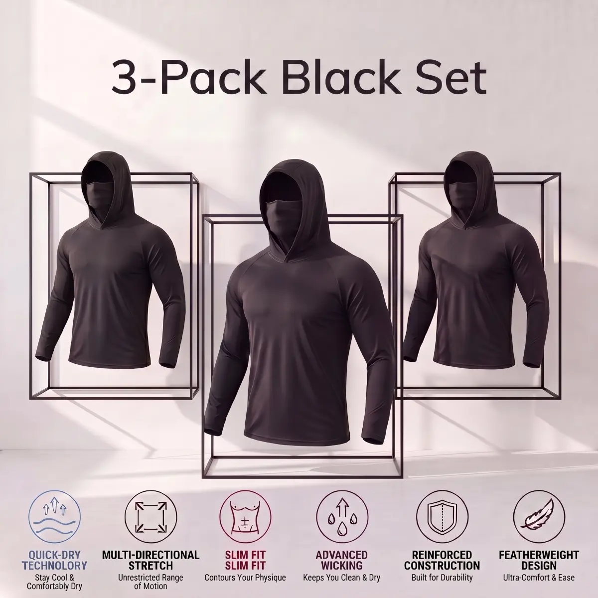 3-Pack All Black UPF50 Sun Protection Hoodies for Men, Quick Dry Breathable Compression Workout Tops with Built-in Face Cover, Long Sleeve Tactical Athletic Shirts for Fishing Hiking Construction Gym Summer Spring Fall Outdoor Work Wear