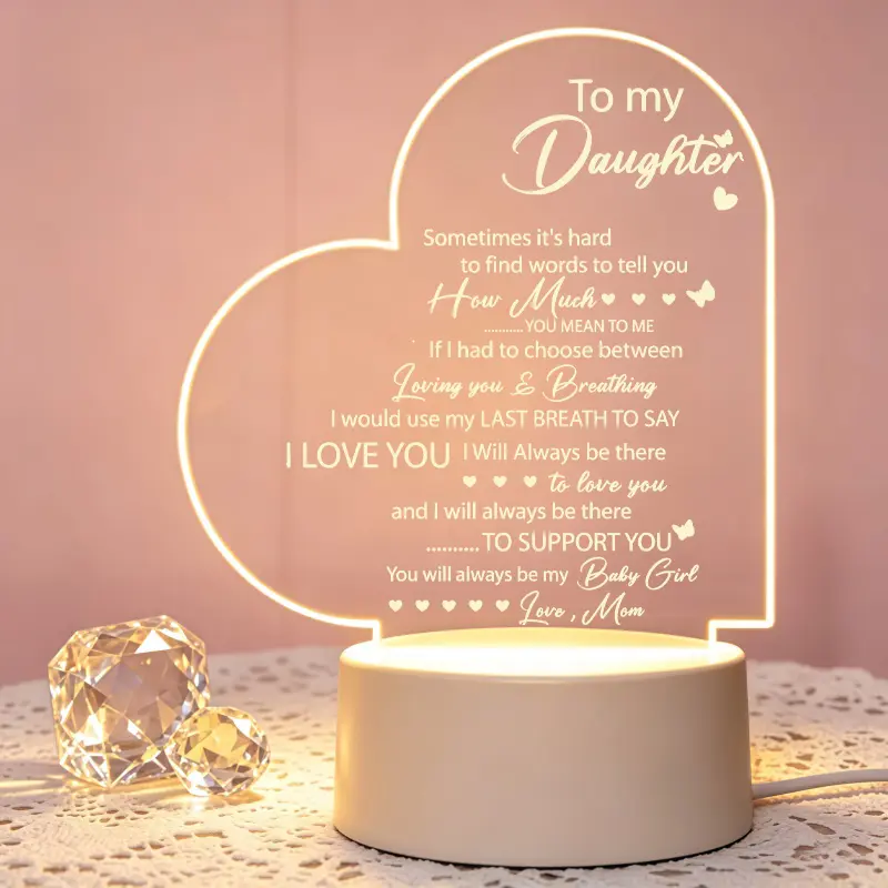 Acrylic Heart LED Ambient Night Light - Mom-to-Daughter Decorative Atmosphere Lamp with Inspirational Message, Illuminated Soft Glow Keepsake for Birthday, Graduation, Decorative Atmosphere Light, Illuminated Night Light