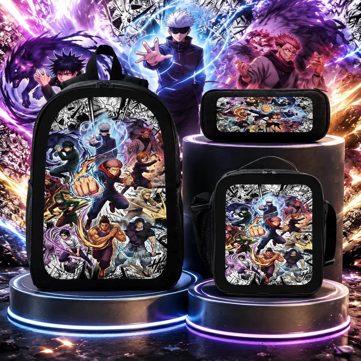 Jujutsu Kaisen Y2K Anime Backpack Set 3PCS 17 Inch Backpack with Lunch Bag Pencil Case Lightweight School Daypack for Teens Back to School Gift Anime Bag Casual Backpacks for School Women Men Travel Backpack Student Backpack