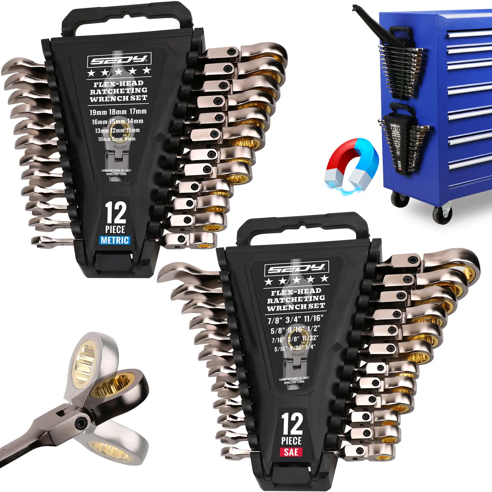 Premium 24-Piece Flex-Head Ratchet Wrenches Set with Magnetic Organizers,  Metric SAE 8-19mm 1/4"-7/8", Cr-V Ratcheting Wrenches with 72 Teeth 180° Flex Head, Ratchet Combination Wrench Set for Repair