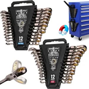 Premium 24-Piece Flex-Head Ratchet Wrenches Set with Magnetic Organizers,  Metric SAE 8-19mm 1/4"-7/8", Cr-V Ratcheting Wrenches with 72 Teeth 180° Flex Head, Ratchet Combination Wrench Set for Repair