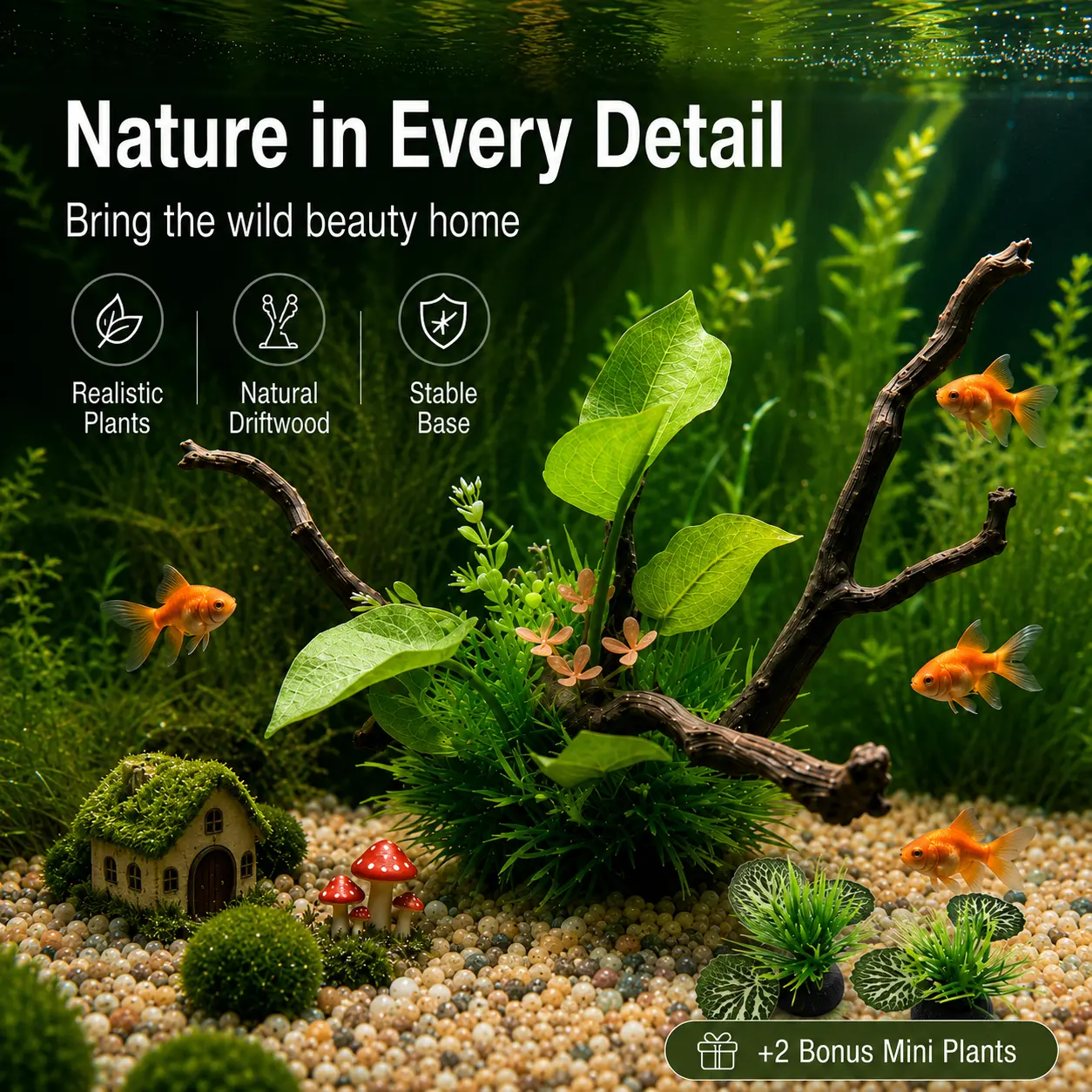 Artificial Driftwood Aquarium Decor Set with 2 Bonus Mini Plants, Realistic Fish Tank Decoration for Easy Aquascaping