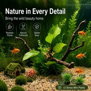 Artificial Driftwood Aquarium Decor Set with 2 Bonus Mini Plants, Realistic Fish Tank Decoration for Easy Aquascaping