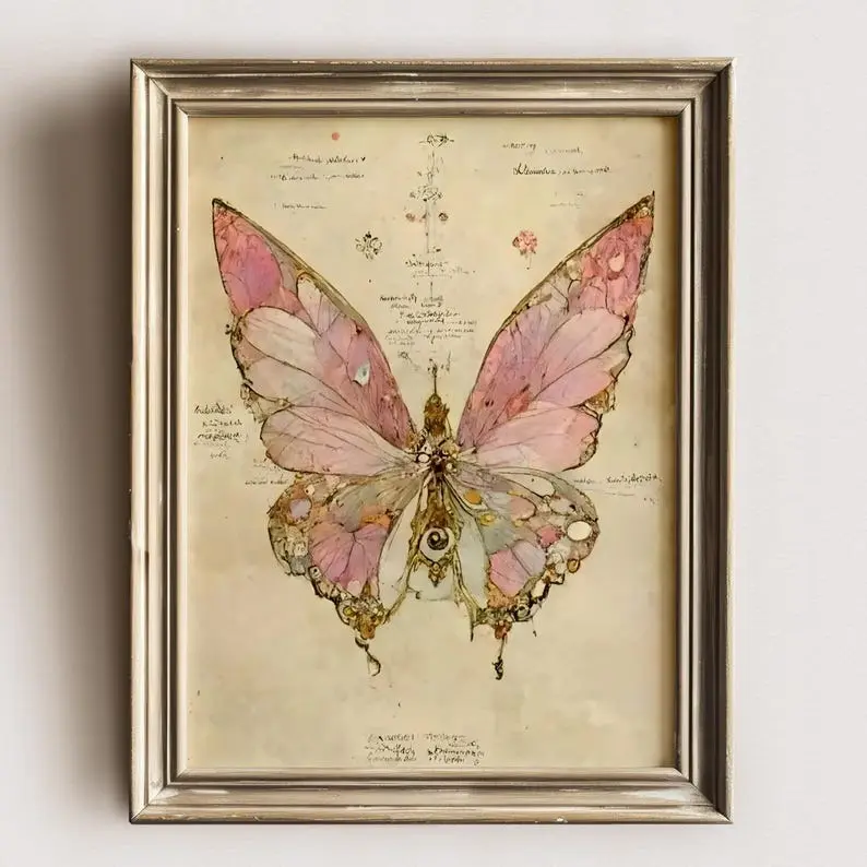 Pink Moody Butterfly Wall Art | Vintage Insec Prints | Whimsical Animal Poster