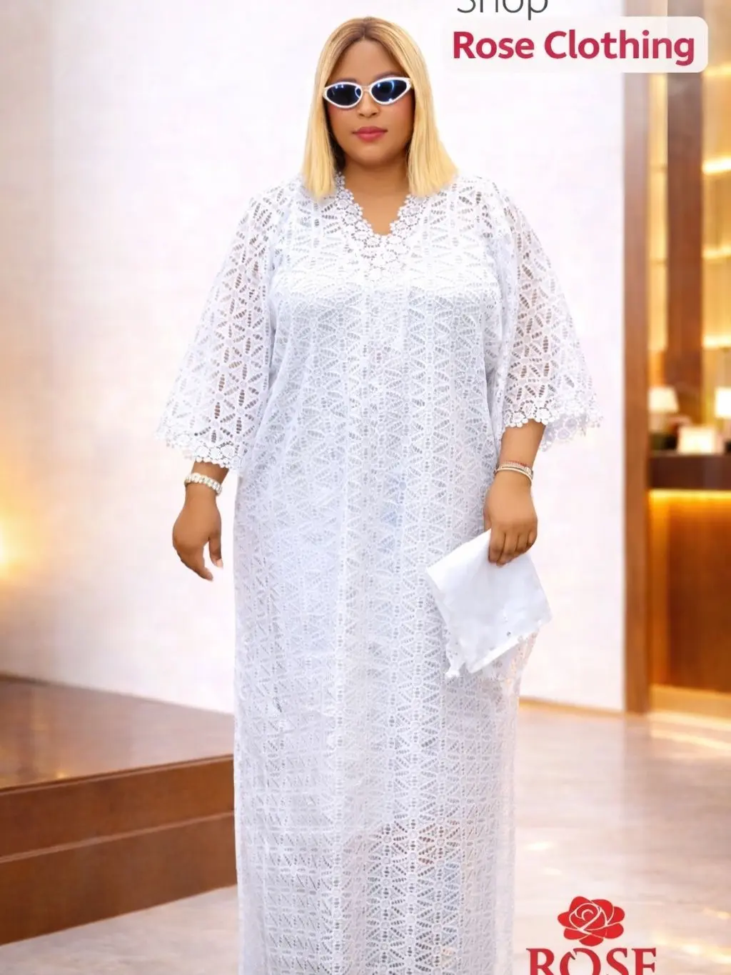 Elegant White Lace Kaftan Maxi Dress with Flutter Sleeves — Premium Luxury Loungewear